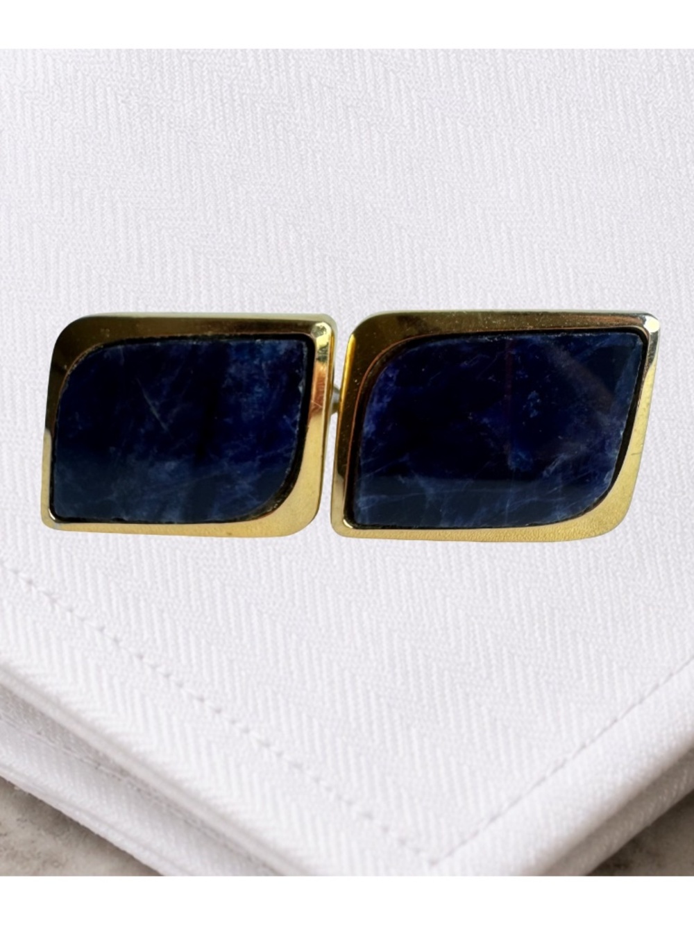 Vintage Sodalite Cufflinks Blue Stone Gold Tone Rectangular Minimalist Menswear